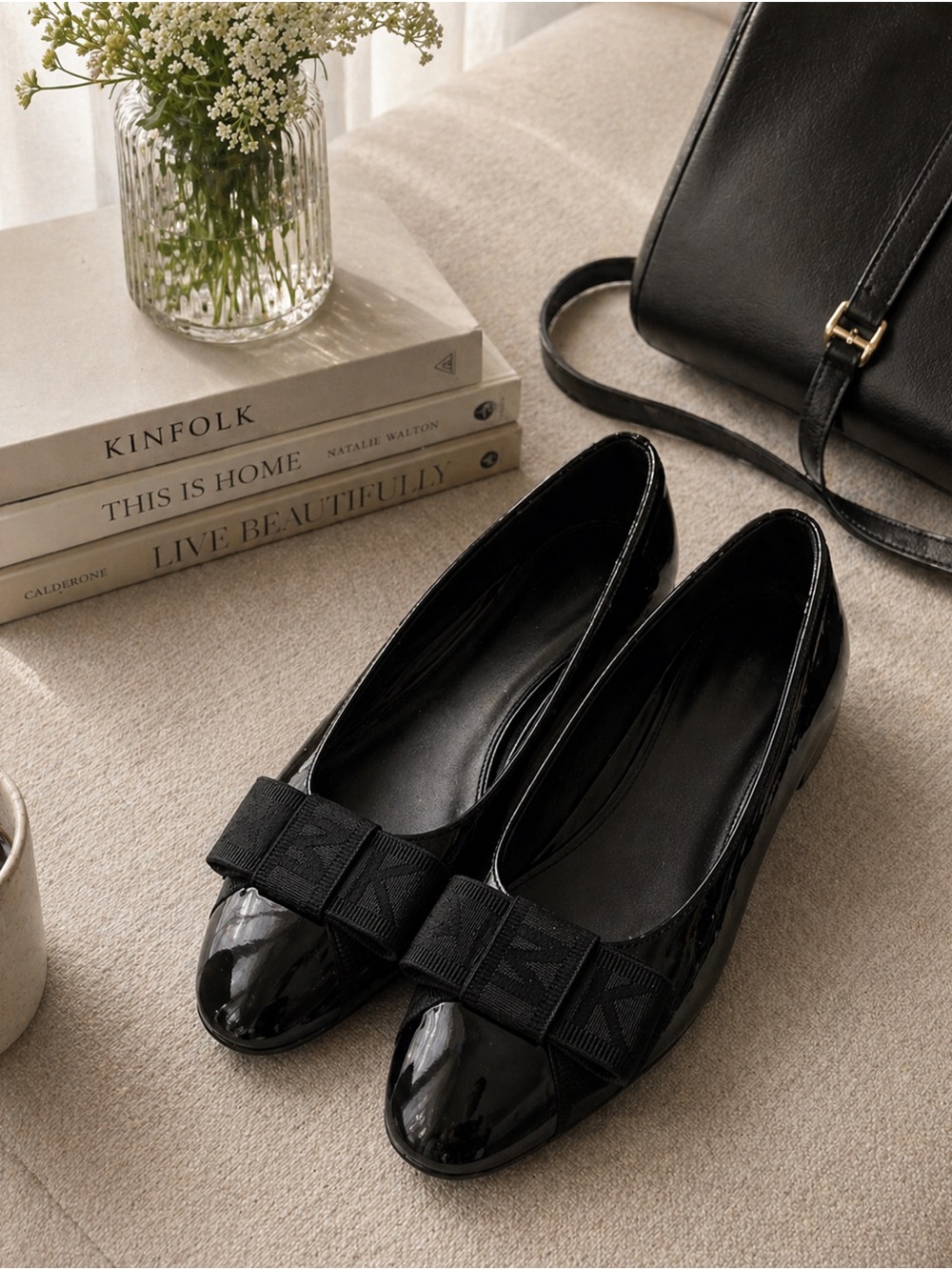 Michael Kors Black Patent Bow Flats – Classic Slip-On, Size 7.5
